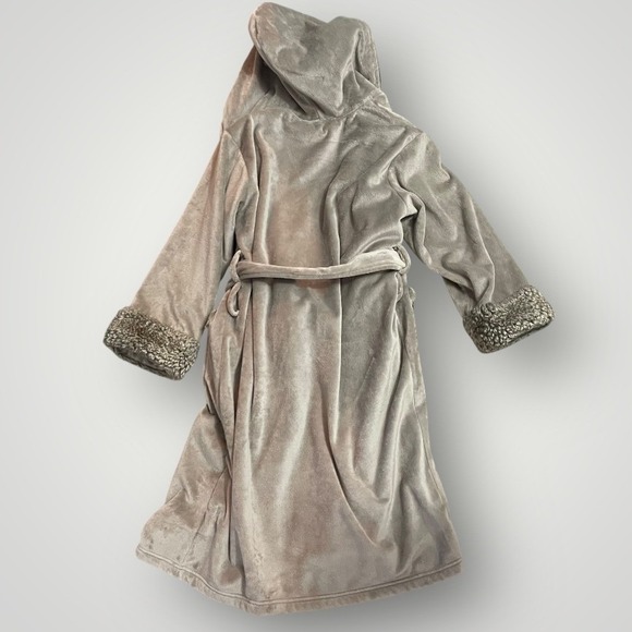 Pottery Barn Plush Cozy Ombre Robe Large Gray Sherpa Trim Hooded Loungewear - Picture 4 of 7